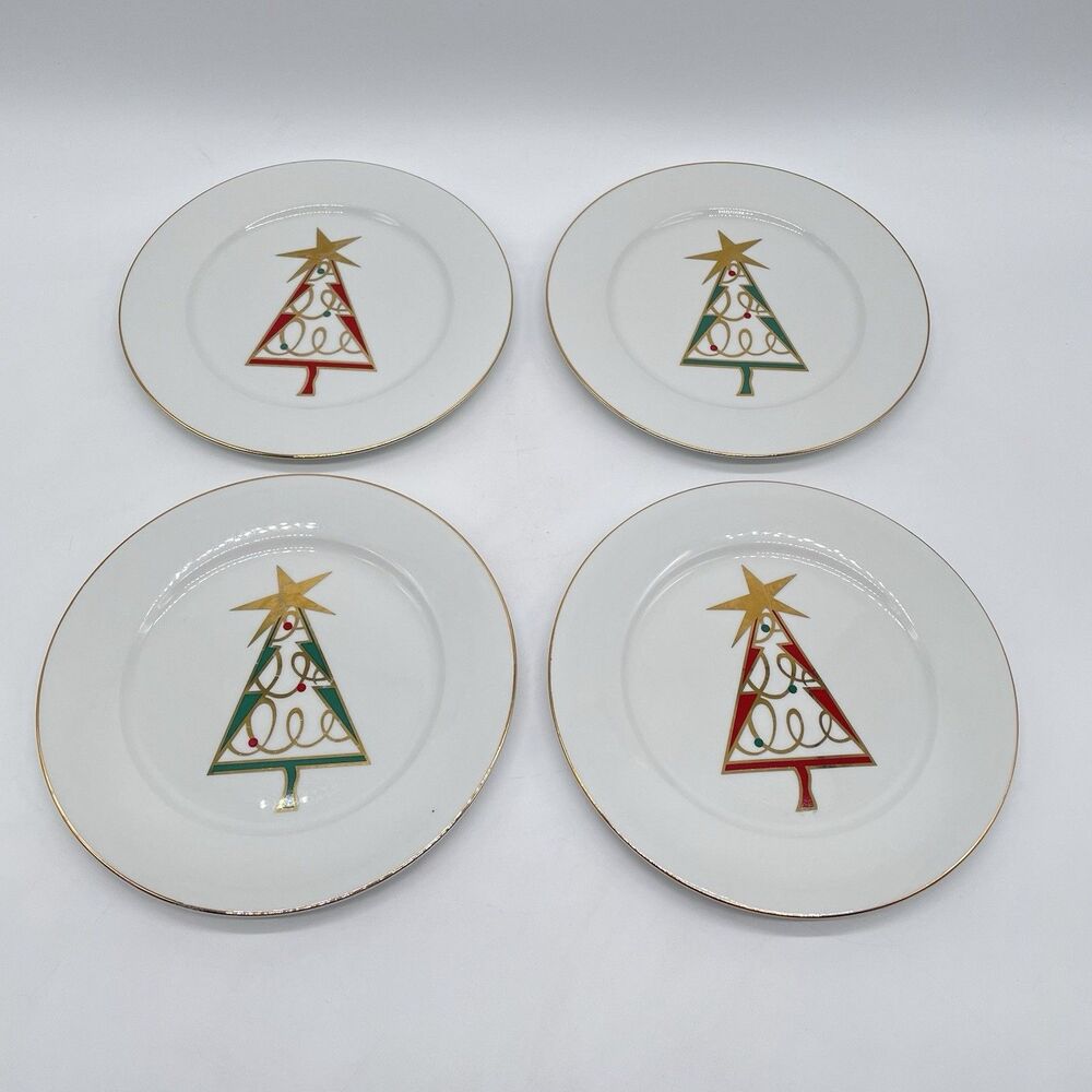 Pier 1 Christmas Tree Porcelain Salad Plates 7 1/2” Set of 4 Red Green Gold
